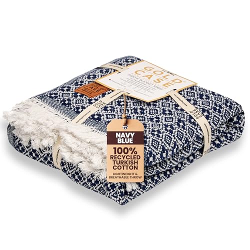 Gold Case Throw Blanket for Couch - 100% Recycled Turkish Cotton Blankets & Throws - Retro Soft Throw Blankets for Living Room - Boho Decorative Woven Couch Blanket - 50x60 - Navy Blue - color: Retro Navy Blue, size: 50x60"
