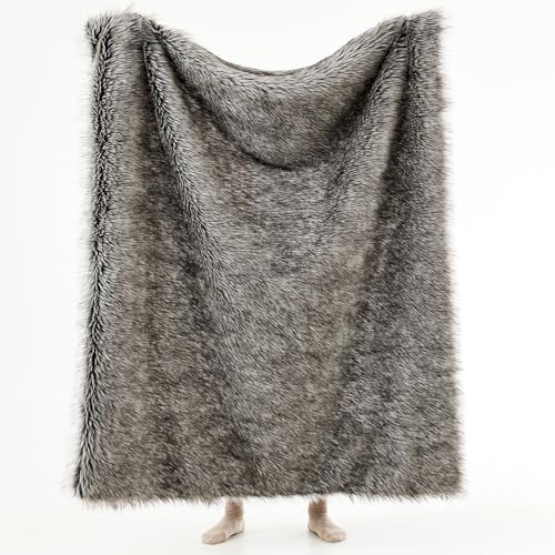 HORIMOTE HOME Luxury Plush Faux Fur Throw Blanket, Long Pile Grey with Black Tipped Blanket, Super Warm, Fuzzy, Elegant, Fluffy Decoration Blanket for Couch, Armchair, Sofa and Bed, 50''x 60'' - color: Chinchilla, size: 50″×60″