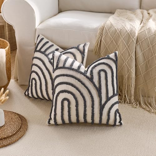 vctops Boho Throw Pillow Covers Set of 2, Modern Mid Century Arched Tufted Decorative Cushion Cover Farmhouse Rustic Geometric Textured Pillowcases for Sofa Bed Living Room (Grey,18"x18") - color: Grey