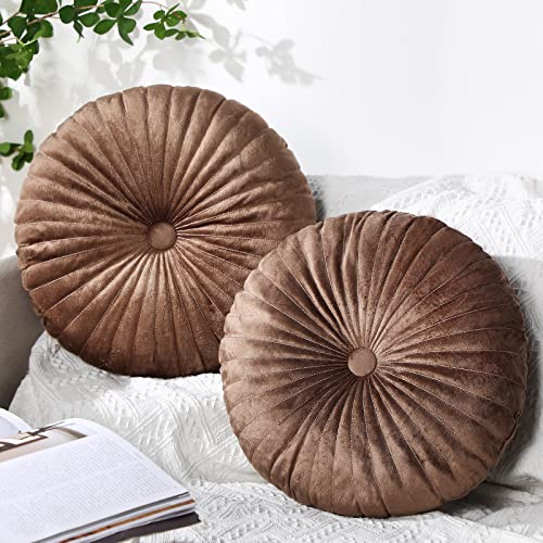 Namalu 2 Pcs Round Throw Pillow 13.8 Inch Decorative Round Velvet Floor Pillows Pumpkin Throw Pillows with Center Button for Thanksgiving Home Decor Living Room Sofa Couch Bed Chair (Coffee) - color: Coffee