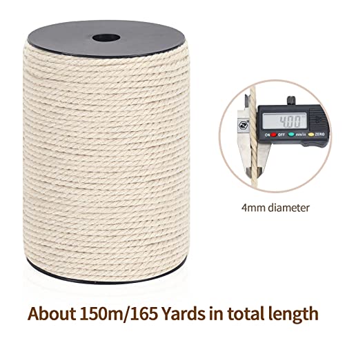 Macrame Cord 4mm x 165Yards (495Feet), Natural Cotton Macrame Rope - 3 Strands Twisted Macrame Cotton Cord for Wall Hanging, Plant Hangers, Crafts, Gift Wrapping and Wedding Decorations - color: Natural Color, size: 0.16 in x 165 yd