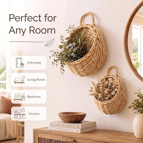 Chumia 2 Pack Wicker Hanging Basket 14" and 8" Handmade Woven Wall Hanging Basket for Plant Decorative Boho Mounted Rattan Planter Organizer for Garden Farmhouse Decor Home Front Door Flower Storage