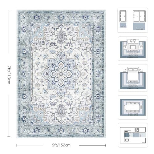 5x7 Area Rugs - Washable Rug Vintage Distress Boho Medallion Rugs for Living Room, Soft Non-Slip Backing Low Pile Carpet for Bedroom Dining Room Office Nursery Dorm Home, Blue Grey Purple - color: C- Blue/Grey/Purple, size: 5' x 7' (Rectangular)