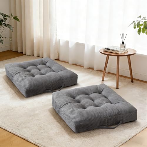 Floor Pillow Dark Grey Washable Floor Sitting Cushions 18x18 Inch 2-Pack, Meditation Yoga Pillows for Sitting on Floor Tufted Corduroy Seat Pads with Handle for Office Dining Room Seats - color: Dark Grey