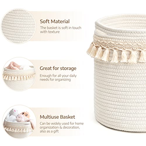Mkono Macrame Decorative Cotton Rope Basket Boho Nursery Decor Cute Woven Tassel Closet Storage Bins Organizer for Baby Toys,Diaper, Blankets,Magazine,Potted Plants Cover,Living Room,Bedroom, 15"x14" - size: 15"x14"