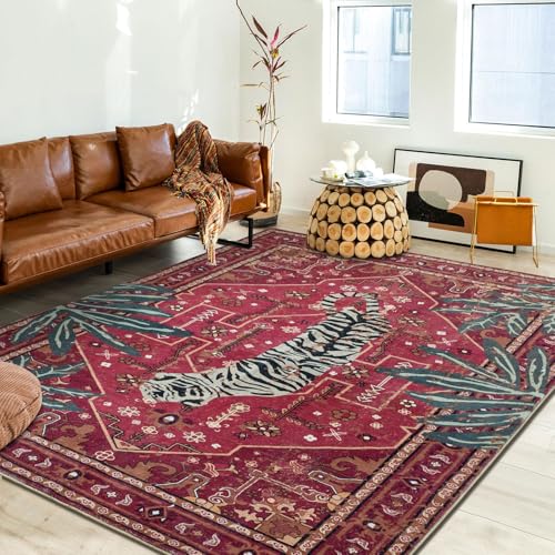 Tribal Rugs Washable Summer Tropical 3x5 Throw Carpet Wine Red Traditional Boho Vintage Oriental Rug for Bedroom Kitchen Living Room Indoor Entryway - color: Wine Red, size: 3' x 5'