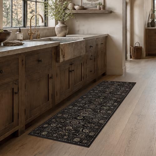 2x6 Washable Runner Rugs for Hallway Kitchen Low Pile Non-Slip Vintage Distressed Runners Rug for Entryway Accent Throw Carpet for Hallway Bathroom Bedroom Black Gold - color: Black Gold, size: 2'*6'(Runner)