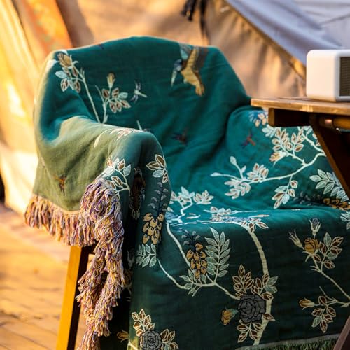 Snycler Boho Throw Blanket for Bed - 100% Cotton Ultra Soft Rustic Quilt Green Hummingbird Printed Farmhouse Decor Bed Blankets,80"×90" All Season Rustic Throw for Sofa Couch Chair - color: Green Hummingbird, size: 80"x90"
