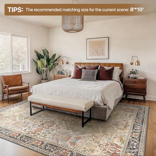 Bavni 5x7 Washable Area Rug Clearance for Living Room Rug Bedroom, Non-Slip, Boho Vintage Rugs Chenille Printed Low Pile for Dinning Room Homeoffice, Ivory/Teal - color: Ivory/Teal, size: 5' x 7' (Rectangular)