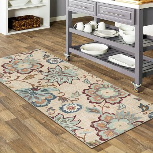 Beeiva Floral Rug Runners for Hallways, 2x5 Ultra Thin Beige Kitchen Runner Rug Washable, Vintage Plant Non-Shedding Bathroom Front Door Rug Non-Slip Hallway Runner Rug for Entryway Bedroom Kitchen - color: Cream, size: 2' x 5' (Rectangular)