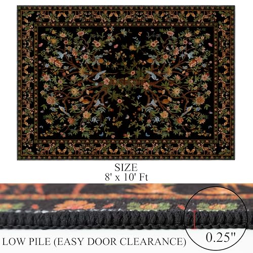8x10 Area Rugs Black, Machine Washable Non-Slip Rug, Boho Floral Botanical Soft Low Pile Throw Rugs for Living Room, Bedroom,Dining Room, Office - color: Black, size: 10' x 8' (Rectangular)