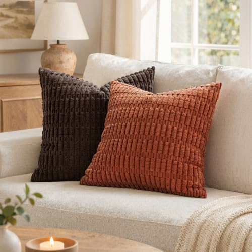 MIULEE Pack of 2 Rust Corduroy Decorative Pillow Covers 12x12 Inch Soft Boho Striped Throw Pillow Covers Modern Farmhouse Home Decor for Summer Sofa Living Room Couch Bed - color: Rust, size: 12" x 12" (Pack of 2)