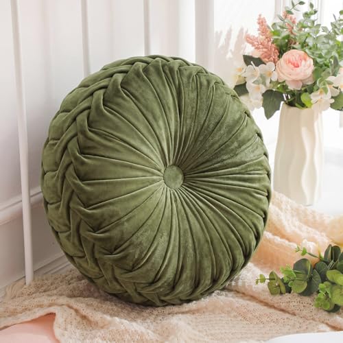 Drydiet 1 Pcs Round Throw Velvet Pillows Decorative Pleated Throw Pillows Diameter Accent Pumpkin Boho Chair Cushion for Couch Sofa Home Decoration (Dark Olive Green,15'') - color: Dark Olive Green, size: 15''