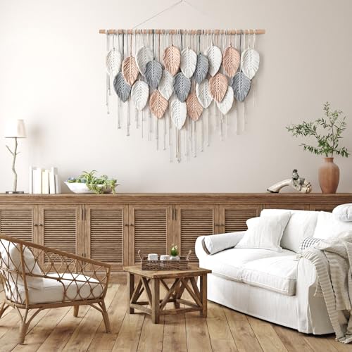 Alynsehom Large Macrame Wall Hanging, Boho Woven Tapestry, Chic Modern Bohemian Handmade Leaf Feather Wall Art Home Decor for Apartment Dorm Living Room Bedroom Nursery Backdrop (39" W X 29.5" L) - color: Pink Beige-39"W x 29.5"L