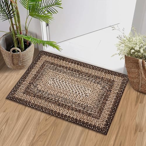 RUGSREAL 2x3 Entry Rug Small Bedroom Area Rug Braided Printed Mat for Living Room Farmhouse Kitchen Mat Indoor Non Slip Rustic Throw Carpet Machine Washable Rug for Sink Under Table, Brown - color: Brown, size: 2' x 3' (Rectangular)
