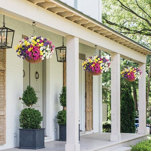 2 Set Artificial Fake Hanging Flowers Plants Baskets for Outdoors Spring Outside Decor , UV Resistant 24 Pcs Faux Silk Morning Glory with 2 Outdoor Hanging Planters Look Real for Porch Patio Balcony - color: 4 Multi