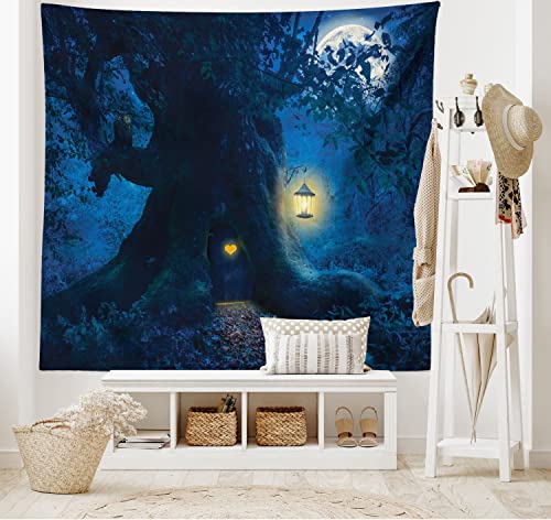 Ambesonne Fantasy Tapestry, Night with a Little Home in The Trunk of an Tree in The Woods Print, Wide Wall Hanging for Bedroom Living Room Dorm, 80" X 60", Indigo Blue - color: Indigo Blue, size: 80"L x 60"W