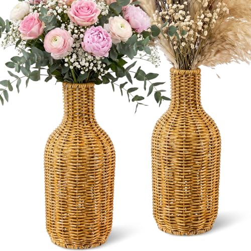 2 Pcs Woven Flower Vase 12.2 Inch Large Rustic Imitation Rattan Basket Boho Decorative Planter Farmhouse Desktop Centerpiece Vase for Living Room Office Home Wedding Decor