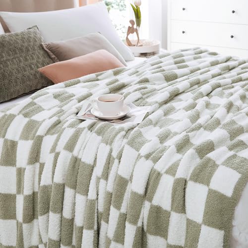 WRENSONGE Checkered Throw Blanket, Sage Green Soft Cozy Fluffy Warm Hand Made Queen Throw Blankets for Couch, Sofa, Chair, Bed, Camping, Picnic, Travel Lightweight Bed Blanket - 90"*90" - color: Aloe Sage, size: Queen(90"x90")