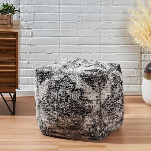 GDFStudio Boho Handmade Fabric Cube Pouf Ottoman Foot Stool - Bean Bag Floor Chair - Foot Rest Couch for Living Room Bedroom,Black and Beige,16"" x 16"" x 16"", 312604N - color: Beige+black, size: 16"