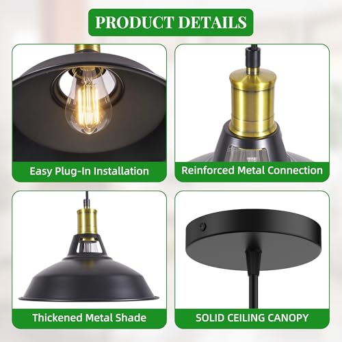 3 Light Pendant Lighting, Farmhouse Hanging Light Fixture for Kitchen Island & Dining Room, Industrial Vintage Ceiling Lamp with E26 Base, Adjustable Height, Black and Gold with Metal Shade - color: Metal Shade 1-Light (Black and Gold) - 3 Pack