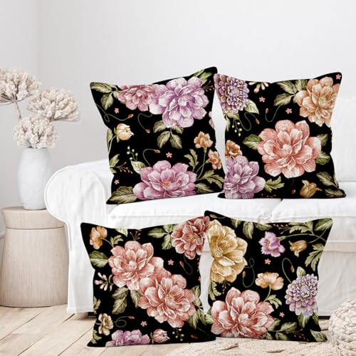 Black Flower Throw Pillow Covers,Vintage Floral Decorative Velvet Pillow case,Gothic Flowers Pattern 4-Pack Double-Side Printed Pillowcases for Sofa Home Living Room, 16x16 in - color: Black, size: 16" x 16" (Pack of 4)