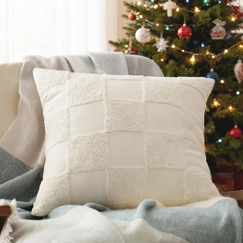 Double Stitch Checkered Throw Pillow Covers - 100% Cotton Tufted Boho Decorative Pillow Covers 20x20, Made in India, Square Plaid Cushion Case, Modern Home Decor for Couch, Sofa, Living Room, Cream - color: Cream, size: 20" x 20" (Pack of 1)