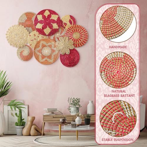 Tatuo 11 Pcs Boho Wall Basket Decor Bulrush Woven Wall Hanging Art Round Farmhouse Rustic Handmade Wicker for Summer Home, Bedroom, Living Room, Kitchen Decorations, Multi Sizes(Pink) - style: Pink
