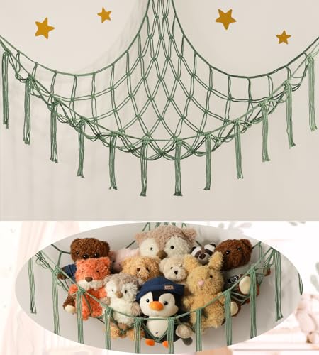 mirolam Stuffed Animal Hammock - Large Stuffed Animal Net Corner - Hanging Stuff Animal Storage Organizer For Plush Plushie Display Room Bedroom Boho Decor - color: Olive Green, size: Standard(41.5"L x 55.2"W x 41.5"H)