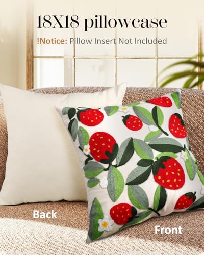 Embroidered Throw Pillow Cover - 18x18 Decorative Pillow Cover with Zipper Aesthetic Cute Design Boho Spring Summer Throw Pillowcase for Living Room Couch Sofa Bed, Leaf Strawberry - color: Leaf Strawberry, size: 18" x 18" (Pack of 1)