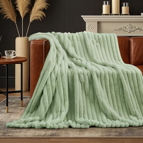 Amélie Home Faux Fur Throw Blanket for Couch, Cozy Fuzzy Fluffy Fur Luxurious Soft Striped Plush Gift Blankets for Family Sofa Chair Bedroom, 55"x70", Sage Green - color: Striped Sage Green, size: Throw(55"x70")