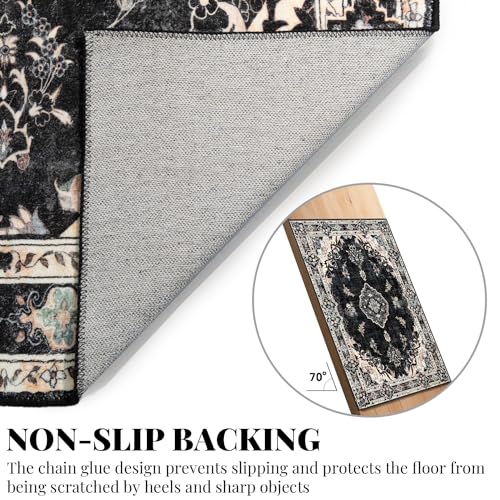 MUJOO Black Rug 2'x3',Small Washable Area Rugs for Entryway Kitchen Bathroom Bedroom,Boho Vintage Bohemian Distressed Farmhouse Non Slip Carpet, Floral - color: Black, size: 2' x 3' (Rectangular)