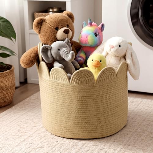 LemonRoad Brown Round Basket Large Blanket Basket 15.8" L X 15.8" W X13.8" H Scalloped Woven Baskets Cotton Storage Baskets for Nursery Classroom Closet Blankets Storage Home Decor - color: Brown, size: 15.8" L X 15.8" W X13.8" H
