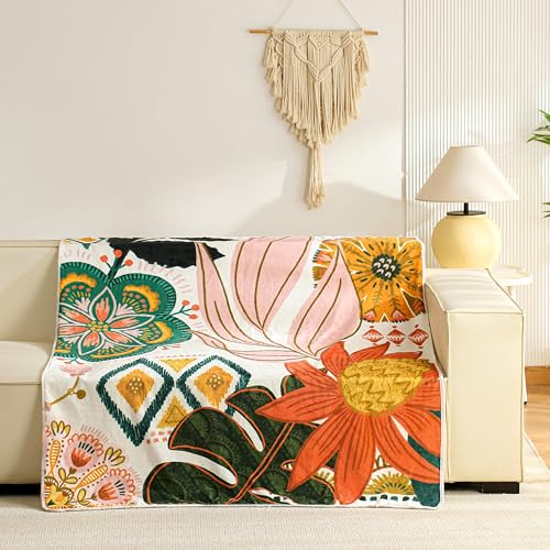 Tyrot Boho Floral Flannel Fleece Twin Blanket – Soft, Warm & Lightweight Fuzzy Blanket for Couch, Bed, or Sofa Decor, Cute Botanical Design Throw for Women & Girls, 60''x80'' - color: Blush Pearl, size: Twin(60''x80'')