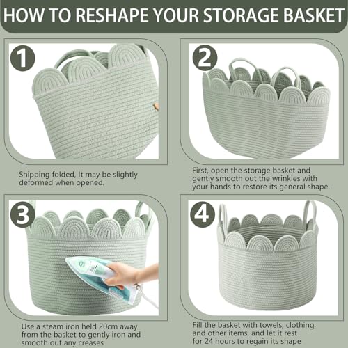 LemonRoad Sage Green Round Basket Large Blanket Basket 15.8"L x 15.8"W X13.8"H Scalloped Woven Baskets Cotton Storage Baskets for Nursery Classroom Closet Blankets Storage Home Decor - color: Sage Green, size: 15.8" L X 15.8" W X13.8" H