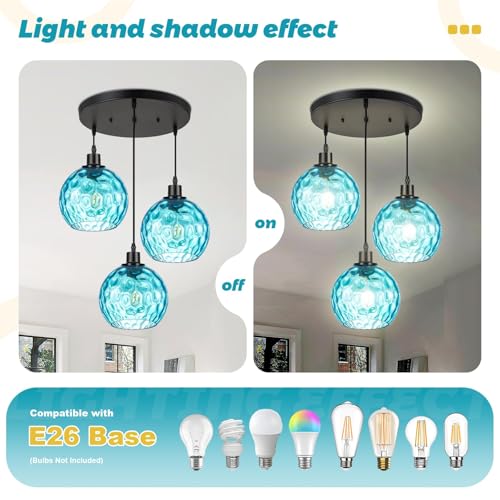 3-Light Kitchen Island Pendant Light with Blue Glass Shades, Adjustable Black Hanging Ceiling Lamp, Mid Century Modern Chandelier for Dining Room, Breakfast Bar, Farmhouse - color: Blue, 3-Light