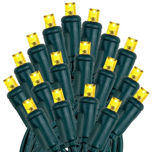Novelty Lights 25ft 50 LED Yellow Christmas Lights Outdoor/Indoor, 6" Spacing, Green Wire String Lights for Festive Xmas Lighting, IP55, UL Listed, Dimmable, Connectable - color: Yellow