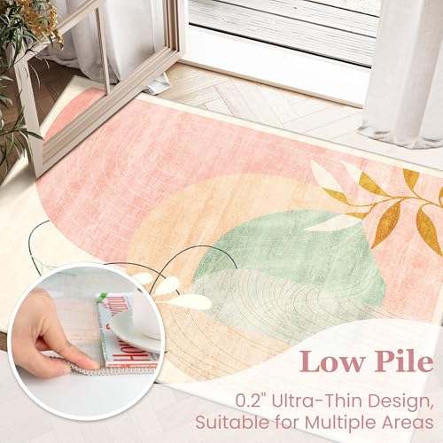 MUJOO Washable 2x6 Runner Rugs for Kitchen Hallway Bedside Bathroom Laundry Room Bedroom Floor,Boho Long Area Rug Non Slip Carpet Throw Rug Mid Century Modern Abstract Botanical Geometric Pink - color: Pink（modern）, size: 2' x 6' (Rectangular)