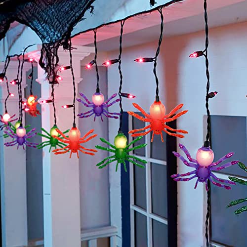Halloween Spider String Lights, 7Ft Halloween Decorative String Lights with 10 Multicolor Spider and 15 Purple Mini Bulbs UL Listed for Window Porch Stair Bar Indoor Outdoor Patio Party Decor - color: Curtain Spider Lights