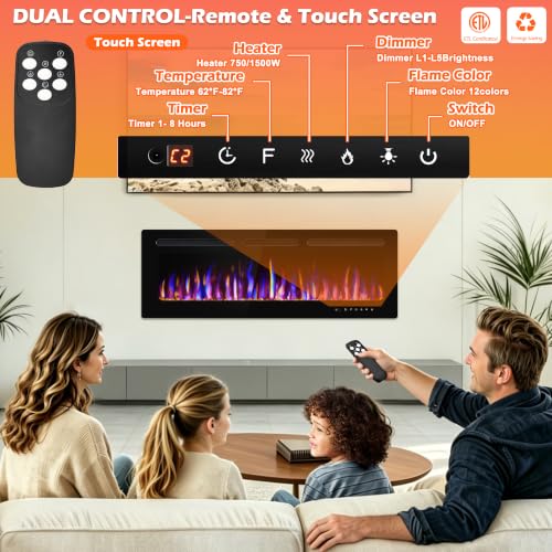 BETELNUT 50" Electric Fireplace Wall Mounted and Recessed with Remote Control, 750/1500W Ultra-Thin Wall Fireplace Heater W/Timer Adjustable Flame Color and Brightness, Log Set & Crystal Options - size: 50 Inch