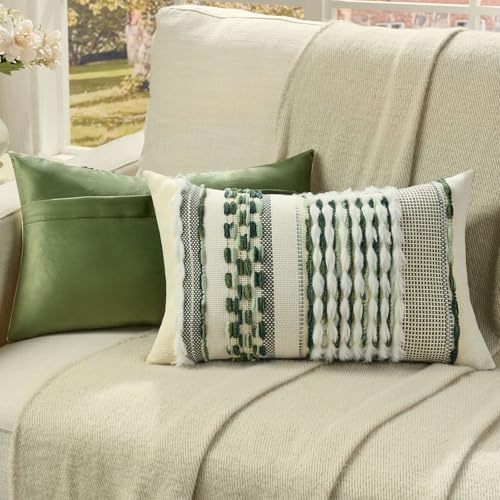 FUTEI Pack of 2 Boho Chenille Decorative Throw Pillow Covers 12x20 Inch Soft Plush Tufted Striped Textured Pillow Case,Farmhouse Accent for Couch Bed Living Room, Green - color: Green, size: 20" x 12" (Pack of 2)