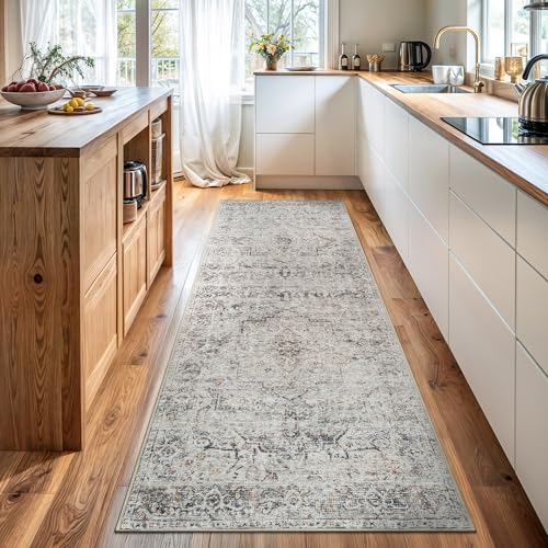 Bloom Rugs Caria Washable Non-Slip 7 ft Runner - Ivory/Gray/Caramel Traditional Runner for Entryway, Hallway, Bathroom, and Kitchen - Exact Size: 2'6" x 7' - color: Ivory / Gray / Caramel, size: 2'6" x 7' (Runner)