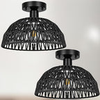 Rattan Ceiling Light Fixtures 2 Packs-Black Rustic Woven Basket Flush Mount Ceiling Light, Handmade Wicker Ceiling Lamp, Rattan Chandelier For Kitchen Island, Hallway, Living Room, Bedroom, E26 Base - color: Black