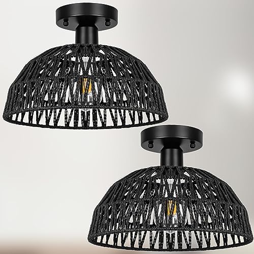 Rattan Ceiling Light Fixtures 2 Packs-Black Rustic Woven Basket Flush Mount Ceiling Light, Handmade Wicker Ceiling Lamp, Rattan Chandelier For Kitchen Island, Hallway, Living Room, Bedroom, E26 Base - color: Black