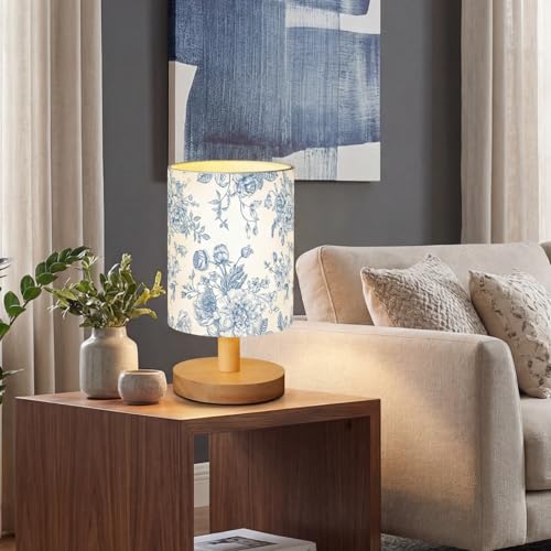 VIHOSE Blue Floral Kids Table Lamp for Bedroom Kids Bedside Lamp with Linen Wooden Nightstand Cartoon Nursery Lampshade for Girls Boys Living Room - style: Blue Floral