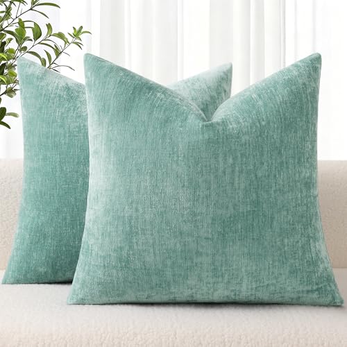 decorUhome Chenille Aqua Haze Throw Pillow Covers 16x16 Inch Set of 2, Decorative Soft Couch Pillow Covers Solid Dyed Accent Farmhouse Neutral Square Pillow Cases for Sofa - color: Aqua Haze, size: 16" x 16" (Pack of 2)