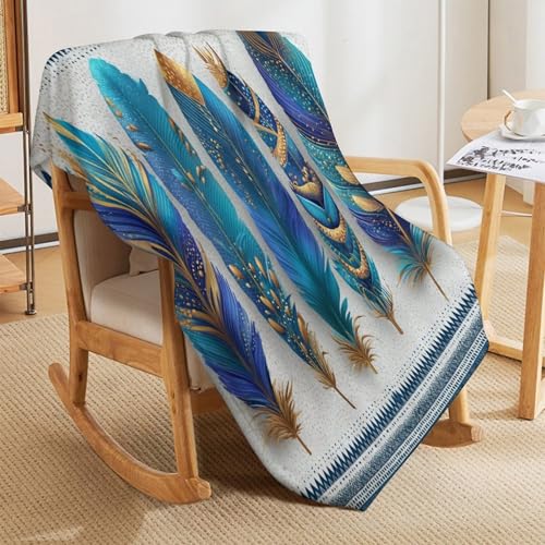 Blanket Boho Feather Gold Ornament Throw Blanket for Women Men, 40"x50" Blue Geometric Pattern Border Plush Flannel Throws, Decor for Bed Couch Bedroom - color: Boho Feather Gold Ornament, size: 40"x50"