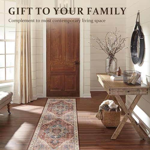 Deerly Vintage Runner Rug 2x6 Hallway Runners Boho Non-Slip Entryway Throw Rug Faux Wool Non-Slip Washable Low-Pile Floor Carpet for Indoor Front Entrance Kitchen Bathroom, Brickred/Multi - color: Brickred & Multi, size: 2' x 6' (Runner)