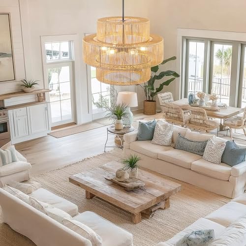 25.59" Large Hand-Woven Rattan Chandelier, 6 Lights Farmhouse Boho Chandelier Light Fixtures, Rustic Bamboo Wicker Chandeliers for Dining Room, Kitchen Island, Living Room, Stairway - color: Beige, size: 25.59 Inch
