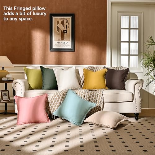 AmHoo Pack of 2 Linen Pillow Covers with Tassels Fringed Decorative Rustic Natural Throw Pillowcase Cushion for Couch Sofa Bedroom 18 x 18-Inch Beige - color: Beige, size: 18" x 18" (Pack of 2)